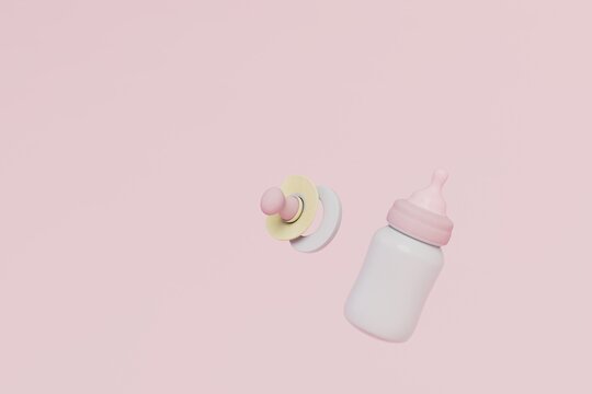 Baby milk bottle and pacifier on a pink pastel background. copy paste, copy space. 3d render