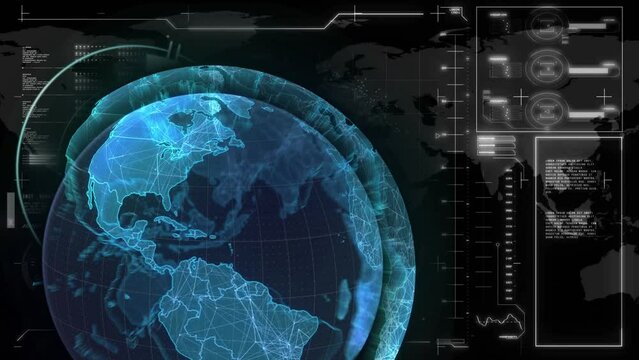 Animation of globe and data processing on screen over businessman globe on black background