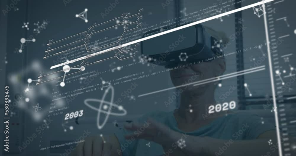 Poster animation of network of connections and data processing over dark background