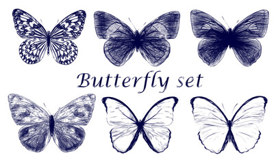 Set of butterflies drawn with a blue pen isolated on a white