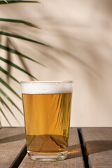 vaso de cerveza en mesa de madera y plantas alredor, refrescante, natural, apeticible