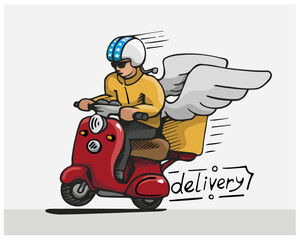 Delivery courier, rushes on red vintage scooter, sticker, print, isolated, cartoon vector illustration hand drawn