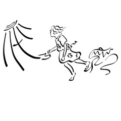 man in rags runs away from a snake that wants to sting him, a helping hand from the cross and the sun, black outline