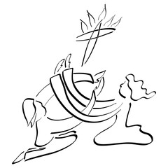 young couple praying to God together, kneeling, cross with flame, black outline