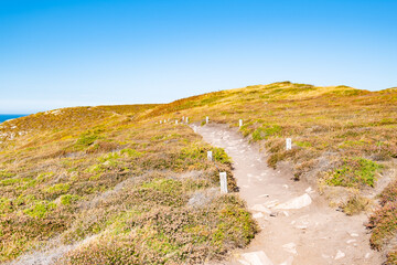 Landscape of the Brittany coast in the Cape Frehel region with its beaches, rocks and cliffs in summer.