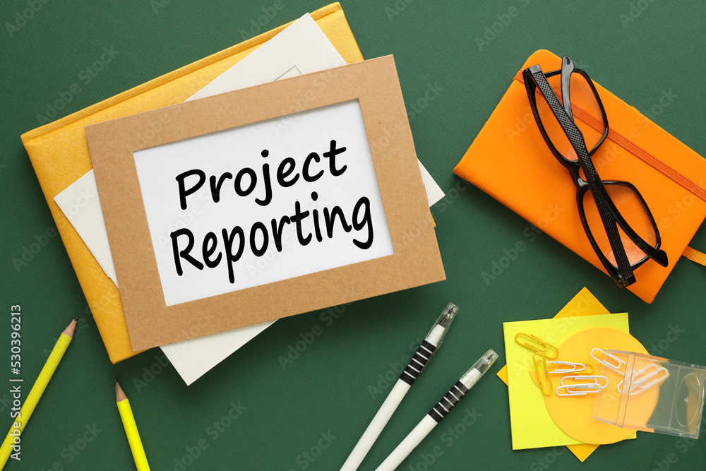 Poster project report white paper with text on yellow notepad