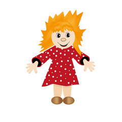 Brownie on a white background. Creative vector illustration with a brownie. Beautiful girl in red polka dot dress and straw hair.
