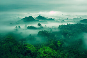 Foggy landscape in the jungle. Fog and cloud mountain tropic valley landscape. aerial view