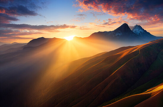 Beautiful sunset in the mountains. Landscape with mountain valley, colorful and clouds. Aerial view.