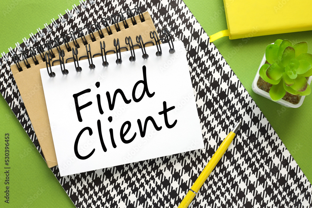Poster business concept. there are two notepads with text on the reporting documents. find clients