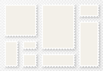Postage stamps collection with rough edges and borders. Vintage postage stamp mockups on transparent background. Blank retro postage stamps in different shapes. Vector