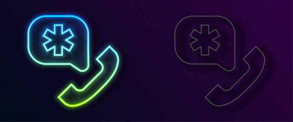 Glowing neon line Telephone with emergency call 911 icon isolated on black background. Police, ambulance, fire department, call, phone. Vector