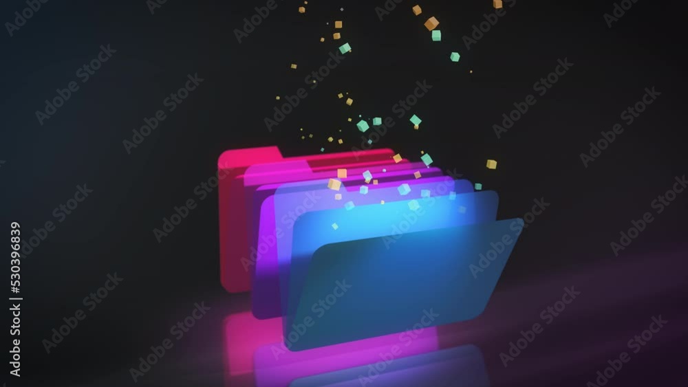 Poster data streams from digital meta verse folders are transferred in front of black background