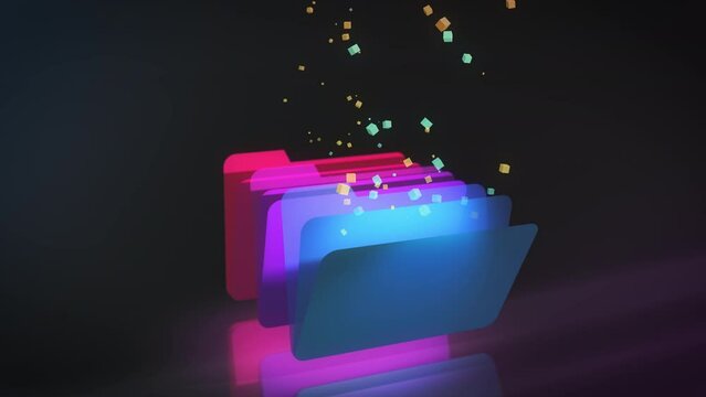 Data streams from digital meta verse folders are transferred in front of black background