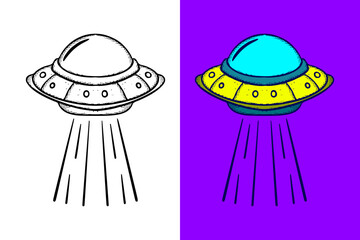 Fototapeta premium UFO Illustration hand drawn cartoon vintage style vector