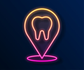 Glowing neon line Dental clinic location icon isolated on black background. Vector