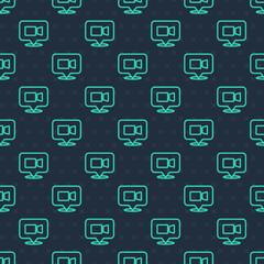 Green line Video chat conference icon isolated seamless pattern on blue background. Online meeting work form home. Remote project management. Vector