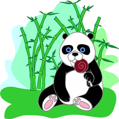 panda with a lollipop sits on a background of bamboo, colorful isolated element, decor