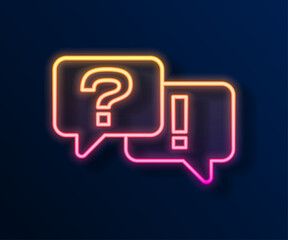 Glowing neon line Speech bubbles with Question and Answer icon isolated on black background. Q and A symbol. FAQ sign. Chat speech bubble and chart. Vector