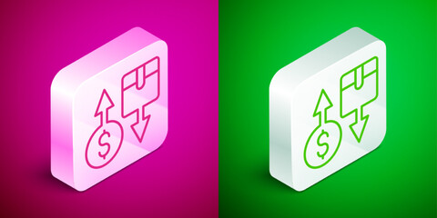 Isometric line Tax carton cardboard box icon isolated on pink and green background. Box, package, parcel sign. Delivery and packaging. Silver square button. Vector
