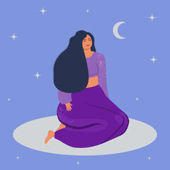 Dreaming woman on the background of the moon.