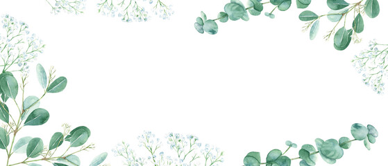 Floral watercolor banner. Green eucalyptus and white gypsophila branches isolated on white background. rustic romantic style. Floral design frame. Can be used for cards, wedding invitations, banners
