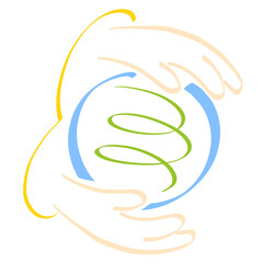 God creates or protects the planet Earth, colored abstract symbol on a white background