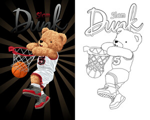 Hand drawn vector illustration of teddy bear playing basketball. Coloring book or page © Bhonard21
