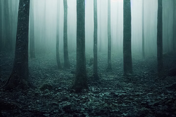 Gloomy, spooky, foggy dark forest landscape. Mysterious horror forest background. 3D illustration.