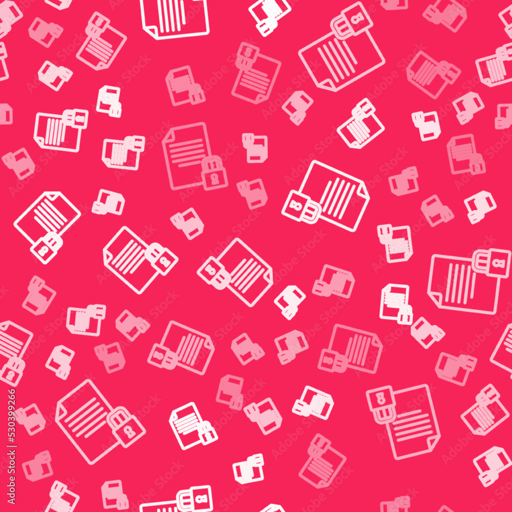 Poster white line document and lock icon isolated seamless pattern on red background. file format and padlo