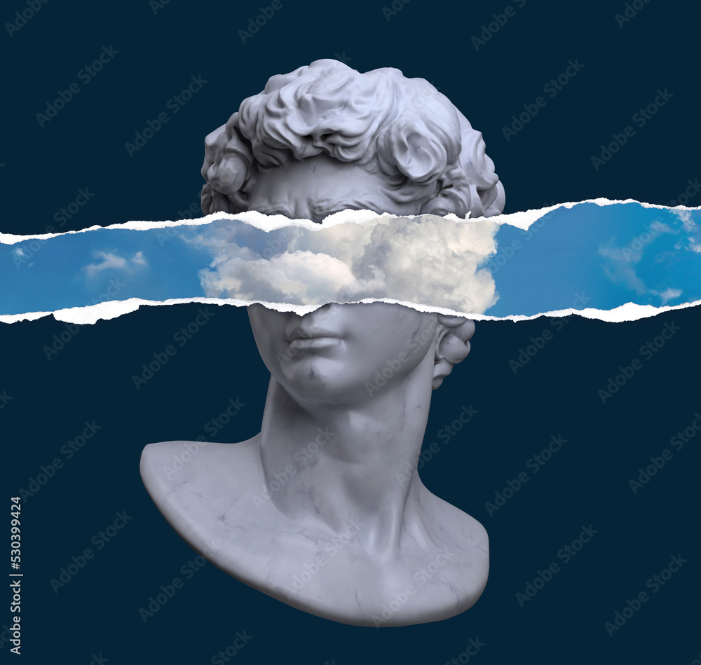 Poster abstract concept 3d rendering illustration of classical head bust sculpture with eye level torn pape