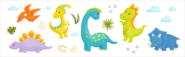 Set of cute cartoon dinosaurs.Vector graphics.