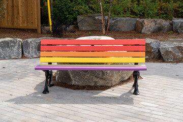 Pride bench in a park downtown Huntsville, Ontario.