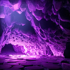 Realistic fantasy amethyst minerals cave. Abstract gems and crystals background. 3D illustration.