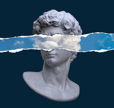 Abstract Concept 3D Rendering Illustration Of Classical Head Bust Sculpture With Eye Level Torn Paper Unveiling A CG Cloudy Blue Sky And Isolated On Dark Background.