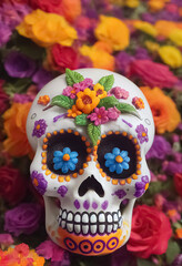 Traditional Calavera, Sugar Skull decorated with flowers. The day of the dead. 3D illustration.