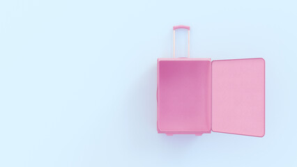 Open empty pink suitcase luggage bag on blue background. Travel concept mockup with copy space. Top view.