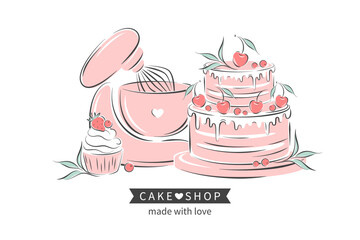 Cake shop logo. Planetary stationary dough mixer, cake, cupcake and berries. Vector illustration on white background for menu, recipe book, baking shop.