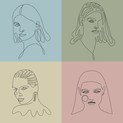 Modern abstract hand drawn faces. Trendy female silhouettes set on pastel background. Continuous line, minimalistic concept. Fashion vector illustration.