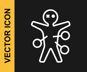 White line Voodoo doll icon isolated on black background. Happy Halloween party. Vector