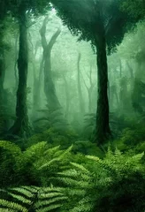 Rolgordijnen Prehistorisch antediluviaans boslandschap met primitieve bomen en varens. Digitale 3D illustratie. © Bisams