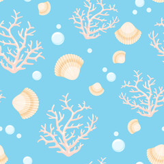 Sea blue background. Vector seamless pattern with seashells and corals. Cartoon illustration.
