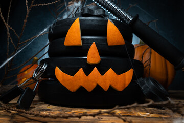 Dumbbell barbell weight plates and cut out Halloween pumpkin pieces as Jack Lantern face. Gym fitness workout autumn or fall composition concept. Jack-o'-lantern elements, spooky laughing, scary head.