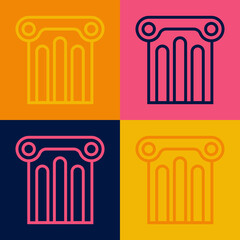 Pop art line Ancient column icon isolated on color background. Vector