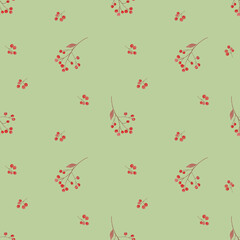 Watercolor seamless pattern of twig red viburnum, cerry on a green background. 