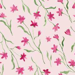 Little pink flowers watercolor painting - hand drawn seamless pattern on light rosy background