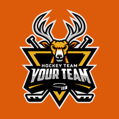 Deer head logo for the ice hockey team logo. vector illustration. With a combination of shields badge, puck and ice hockey stick
