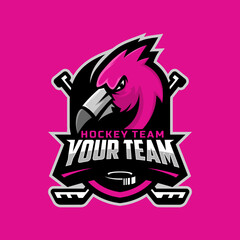 Flamingo head logo for the ice hockey team logo. vector illustration. With a combination of shields badge, puck and ice hockey stick