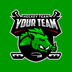 Wild boar head logo for the ice hockey team logo. vector illustration. With a combination of shields badge, puck and ice hockey stick