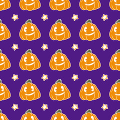 Pumpkin pattern with a face for Halloween. a seamless pumpkin pattern with a smiling face in orange-purple with stars and a white outline is often placed jack lantern